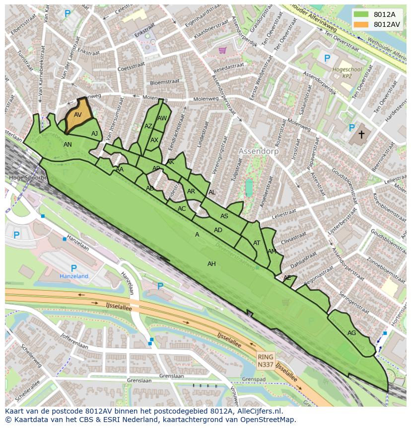 Afbeelding van het postcodegebied 8012 AV op de kaart.