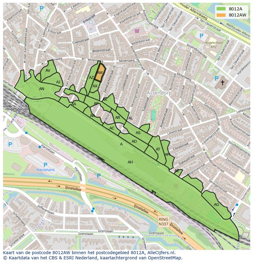 Afbeelding van het postcodegebied 8012 AW op de kaart.