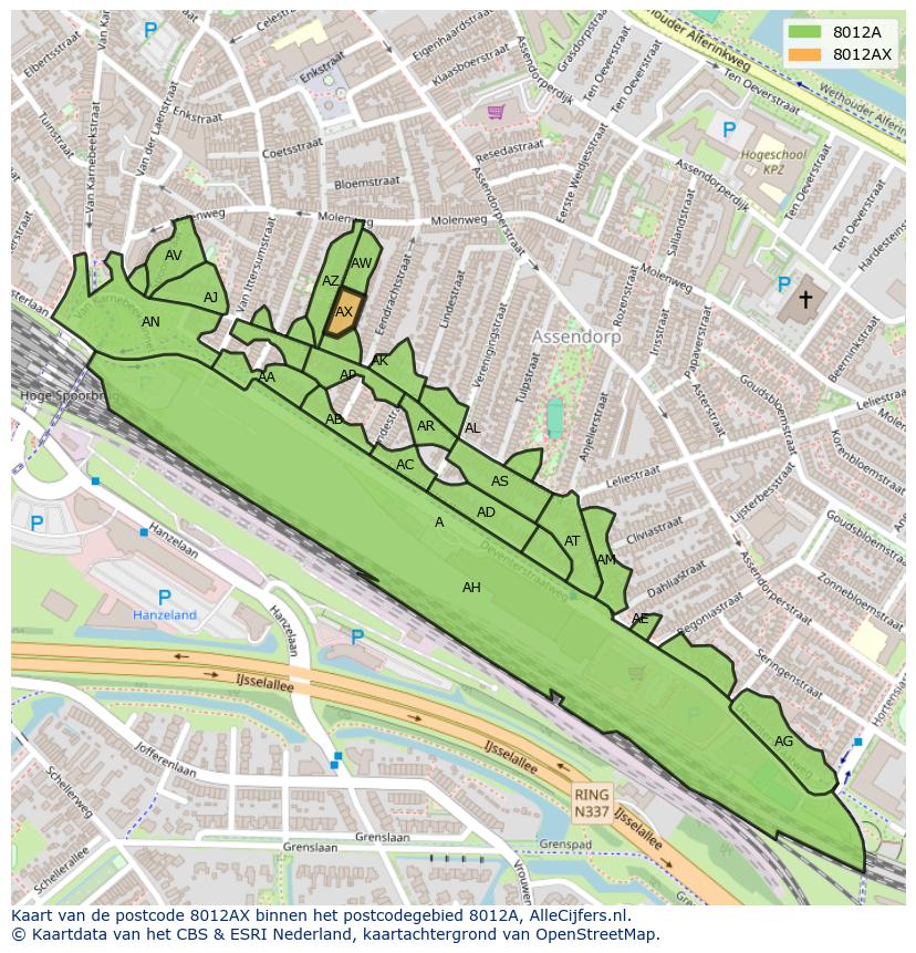 Afbeelding van het postcodegebied 8012 AX op de kaart.