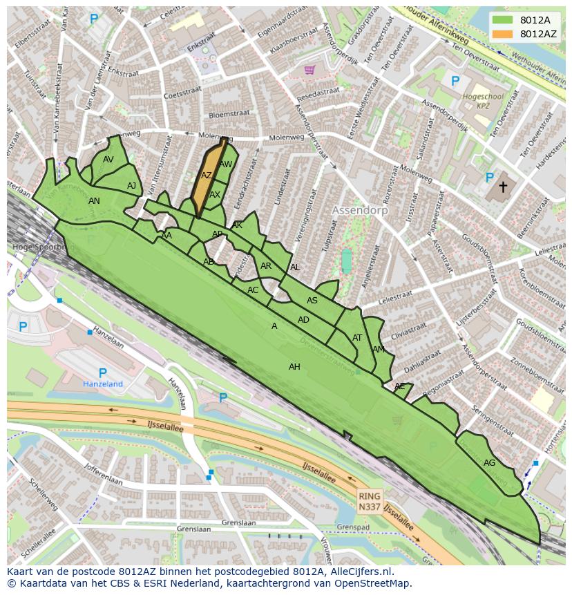 Afbeelding van het postcodegebied 8012 AZ op de kaart.
