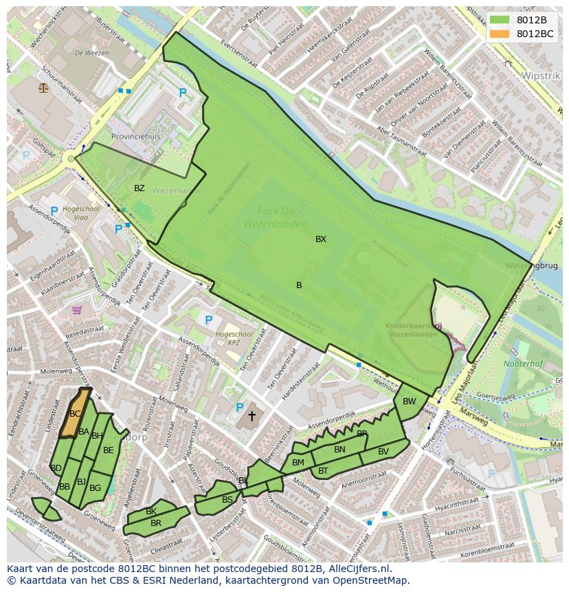 Afbeelding van het postcodegebied 8012 BC op de kaart.