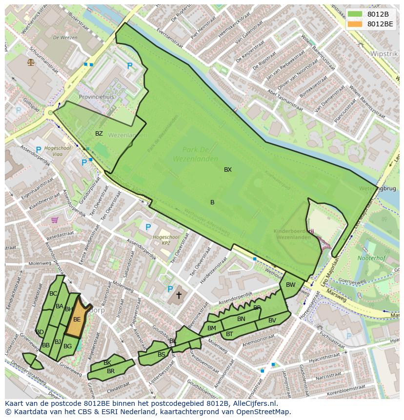 Afbeelding van het postcodegebied 8012 BE op de kaart.