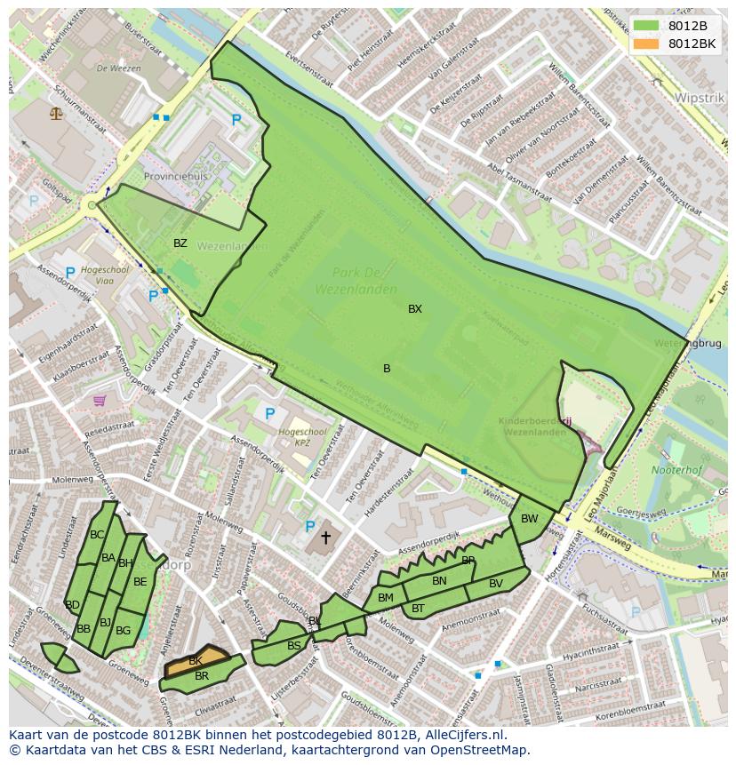 Afbeelding van het postcodegebied 8012 BK op de kaart.