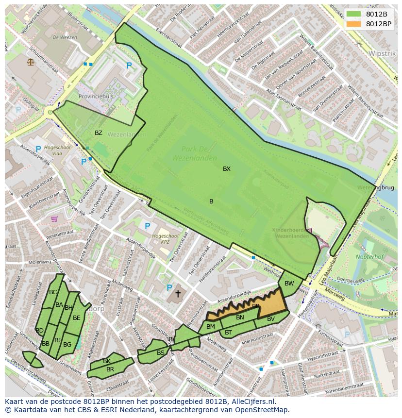 Afbeelding van het postcodegebied 8012 BP op de kaart.