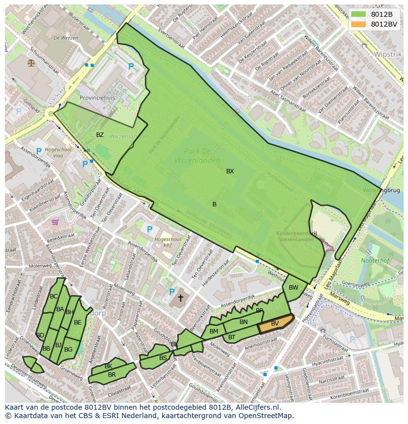 Afbeelding van het postcodegebied 8012 BV op de kaart.
