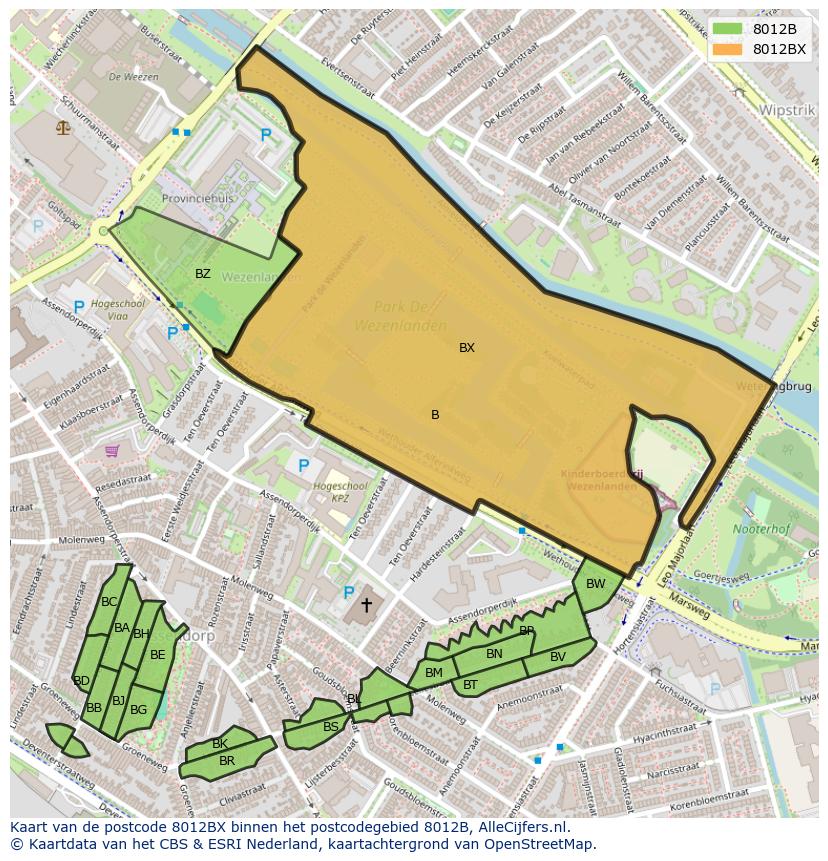 Afbeelding van het postcodegebied 8012 BX op de kaart.