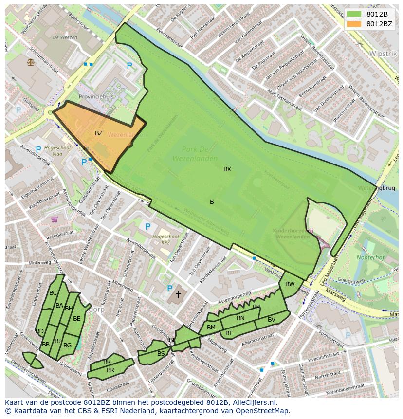 Afbeelding van het postcodegebied 8012 BZ op de kaart.
