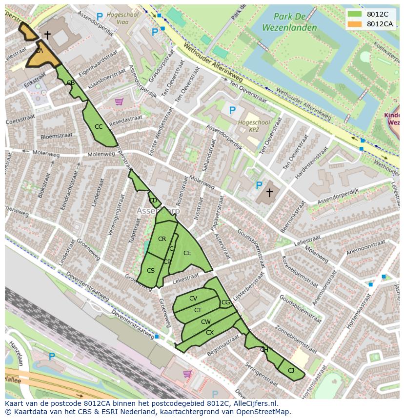 Afbeelding van het postcodegebied 8012 CA op de kaart.