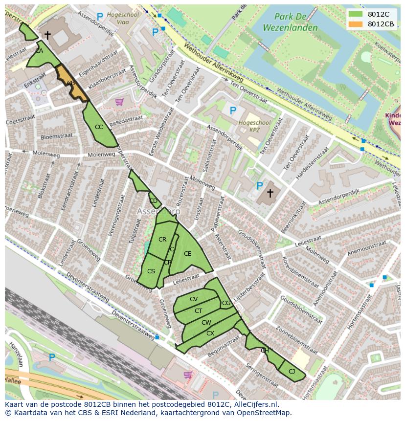 Afbeelding van het postcodegebied 8012 CB op de kaart.