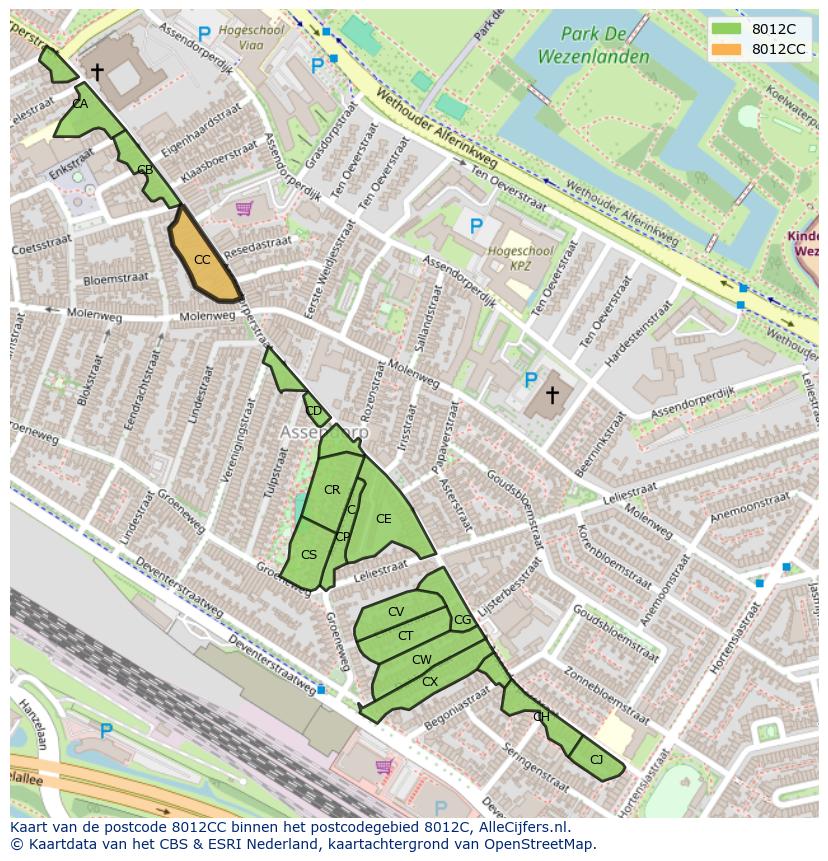 Afbeelding van het postcodegebied 8012 CC op de kaart.