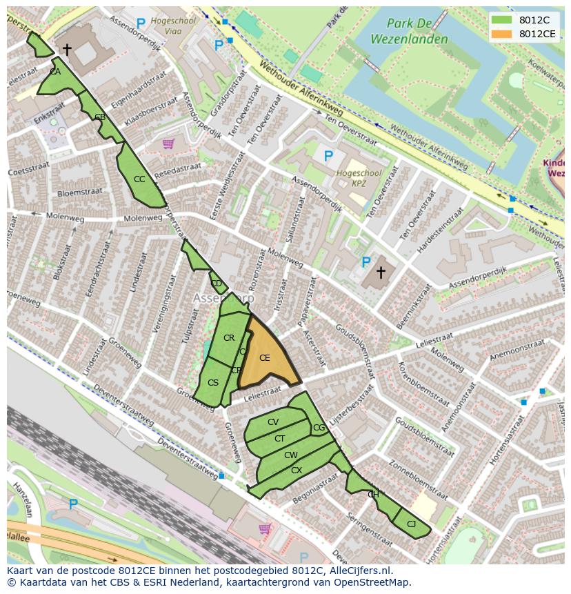Afbeelding van het postcodegebied 8012 CE op de kaart.