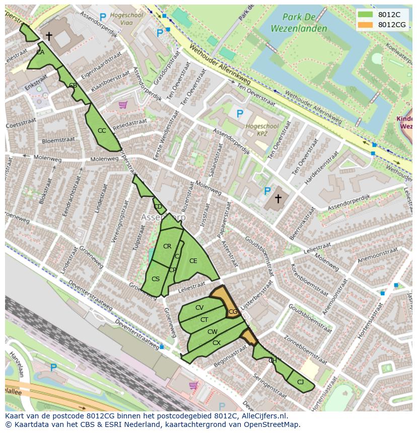 Afbeelding van het postcodegebied 8012 CG op de kaart.
