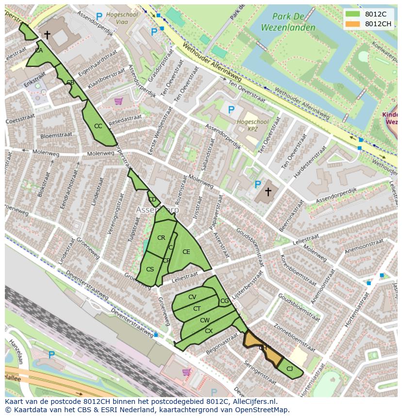 Afbeelding van het postcodegebied 8012 CH op de kaart.