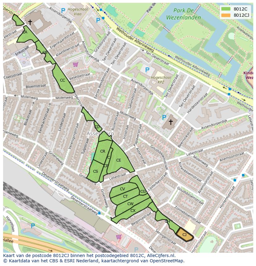 Afbeelding van het postcodegebied 8012 CJ op de kaart.