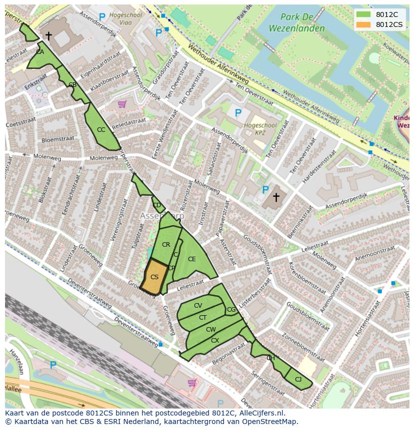 Afbeelding van het postcodegebied 8012 CS op de kaart.