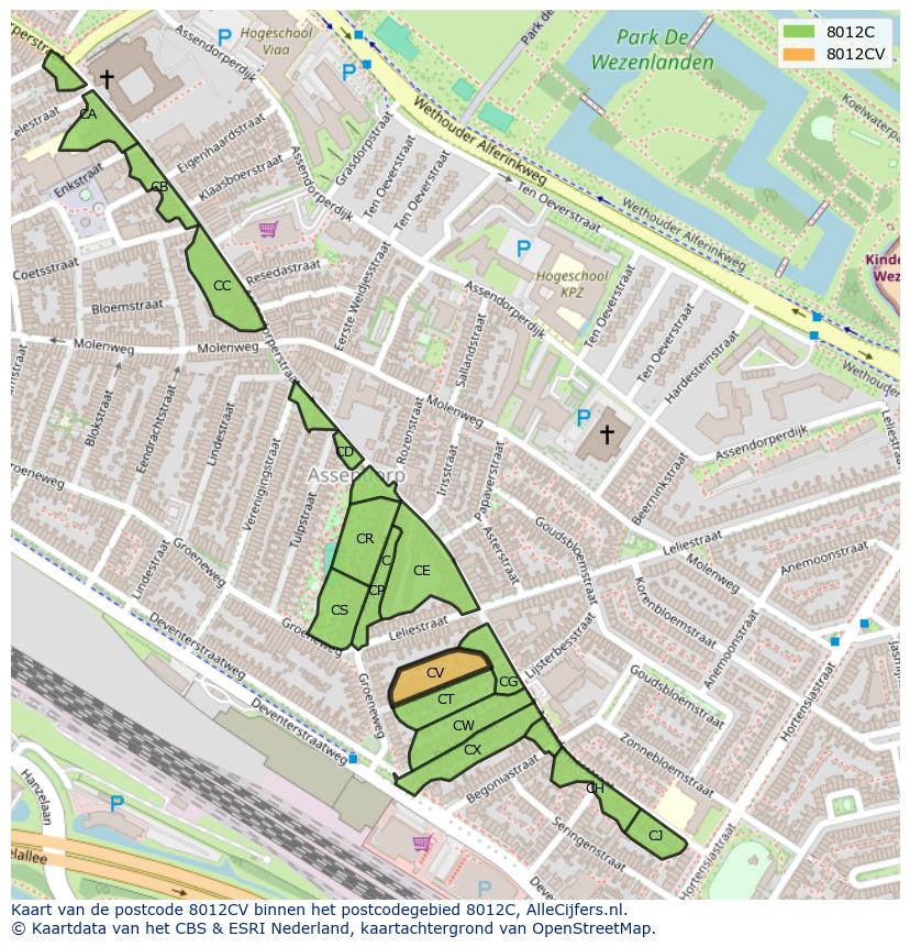 Afbeelding van het postcodegebied 8012 CV op de kaart.