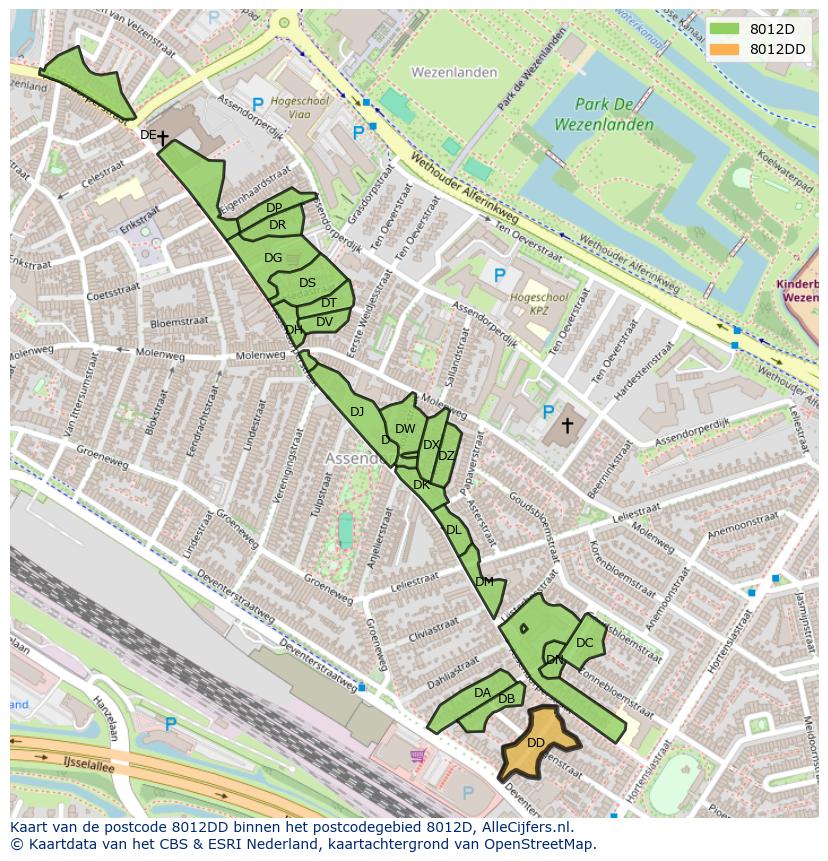 Afbeelding van het postcodegebied 8012 DD op de kaart.