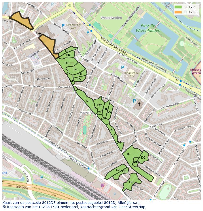 Afbeelding van het postcodegebied 8012 DE op de kaart.