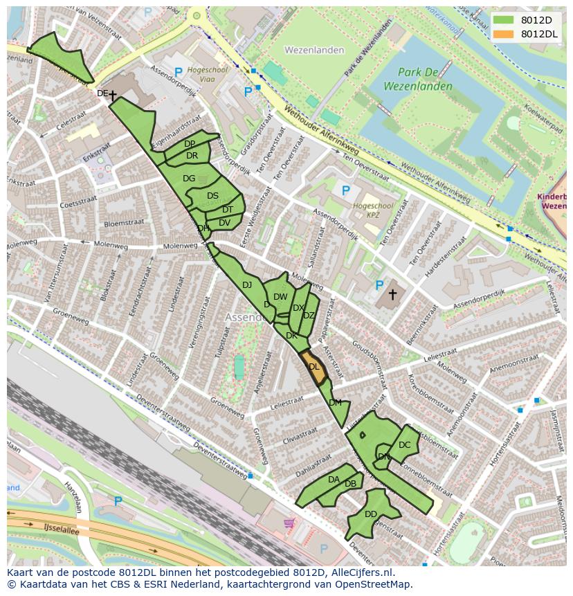 Afbeelding van het postcodegebied 8012 DL op de kaart.