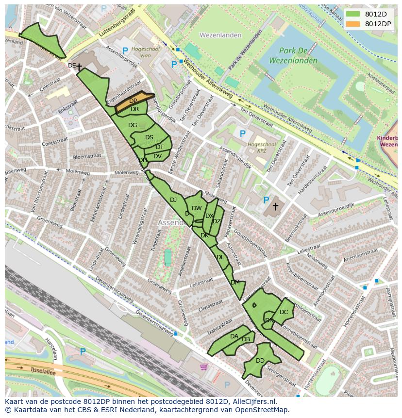 Afbeelding van het postcodegebied 8012 DP op de kaart.