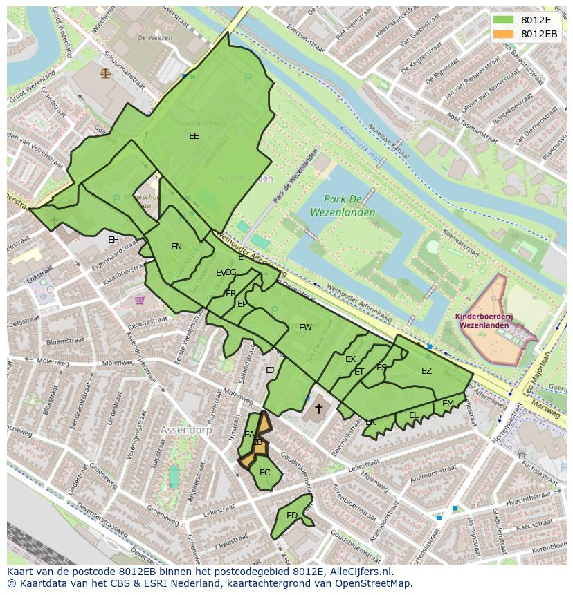Afbeelding van het postcodegebied 8012 EB op de kaart.