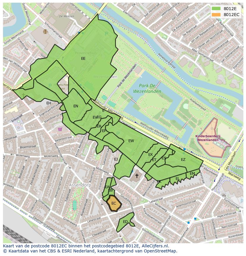 Afbeelding van het postcodegebied 8012 EC op de kaart.
