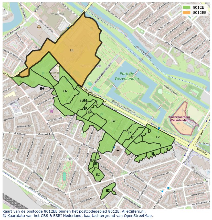 Afbeelding van het postcodegebied 8012 EE op de kaart.