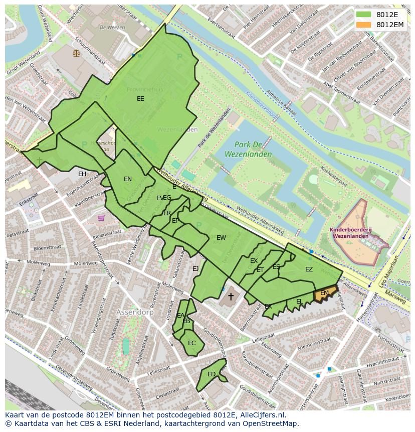 Afbeelding van het postcodegebied 8012 EM op de kaart.
