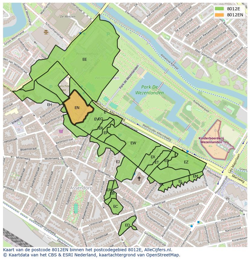 Afbeelding van het postcodegebied 8012 EN op de kaart.