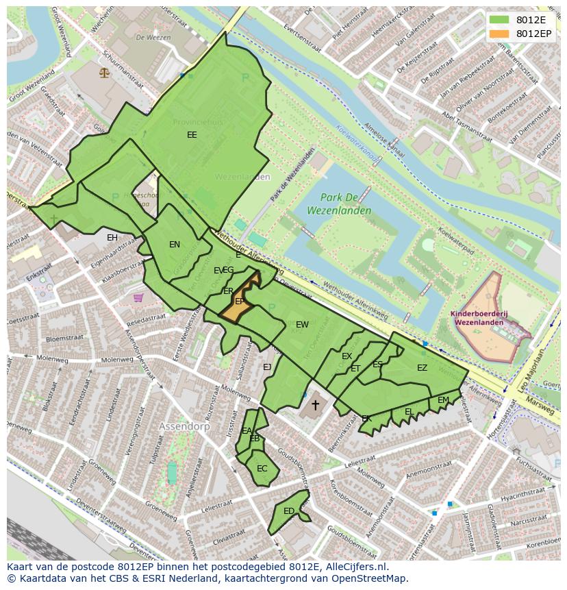Afbeelding van het postcodegebied 8012 EP op de kaart.
