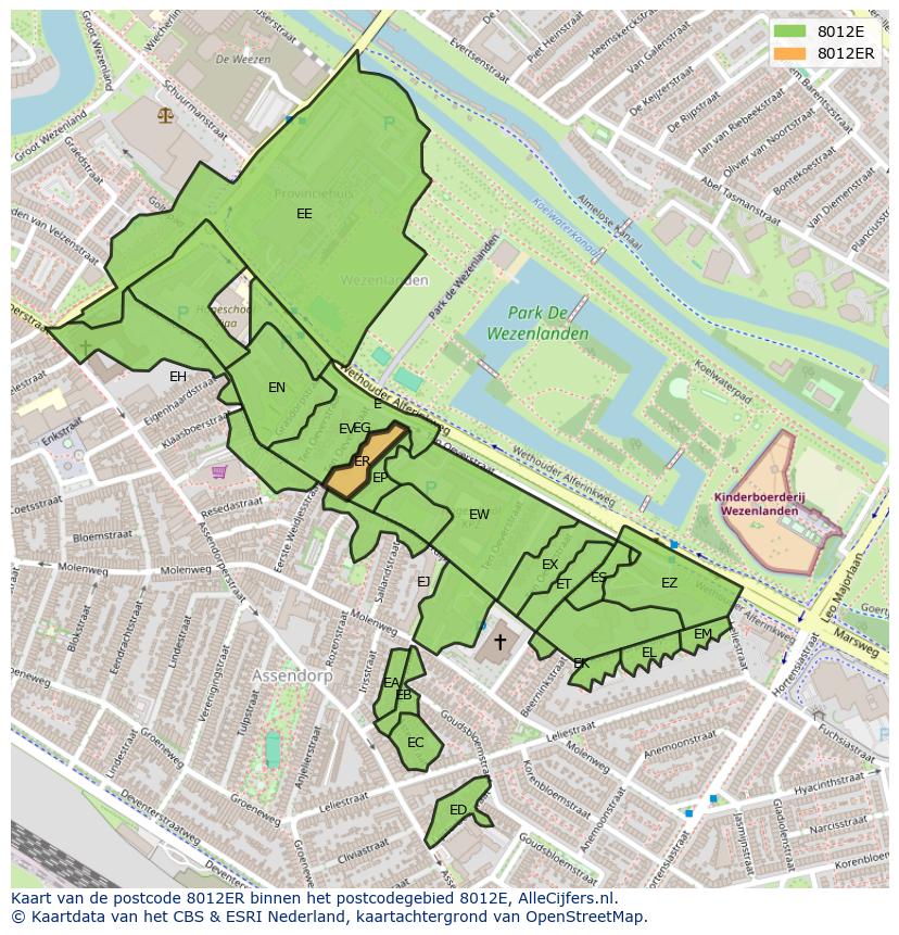 Afbeelding van het postcodegebied 8012 ER op de kaart.