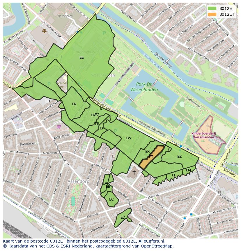 Afbeelding van het postcodegebied 8012 ET op de kaart.