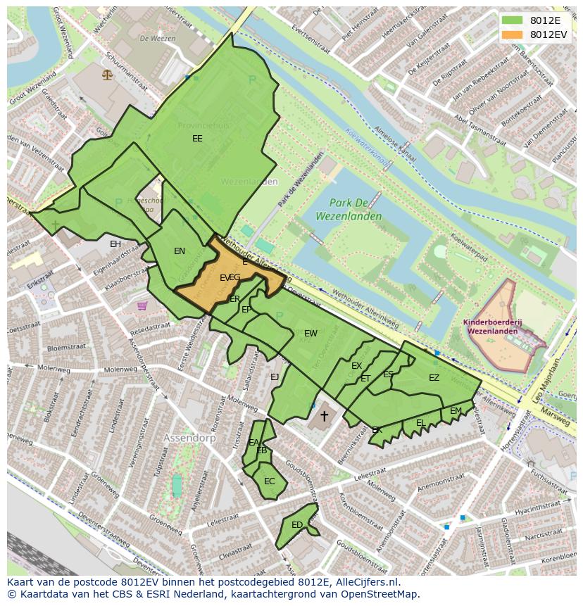 Afbeelding van het postcodegebied 8012 EV op de kaart.