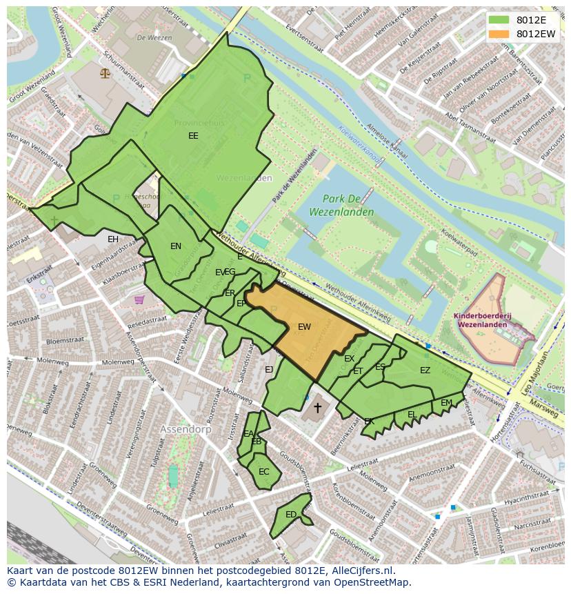 Afbeelding van het postcodegebied 8012 EW op de kaart.