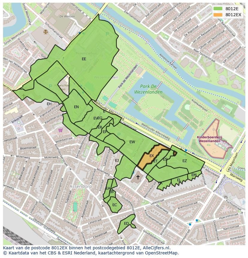 Afbeelding van het postcodegebied 8012 EX op de kaart.