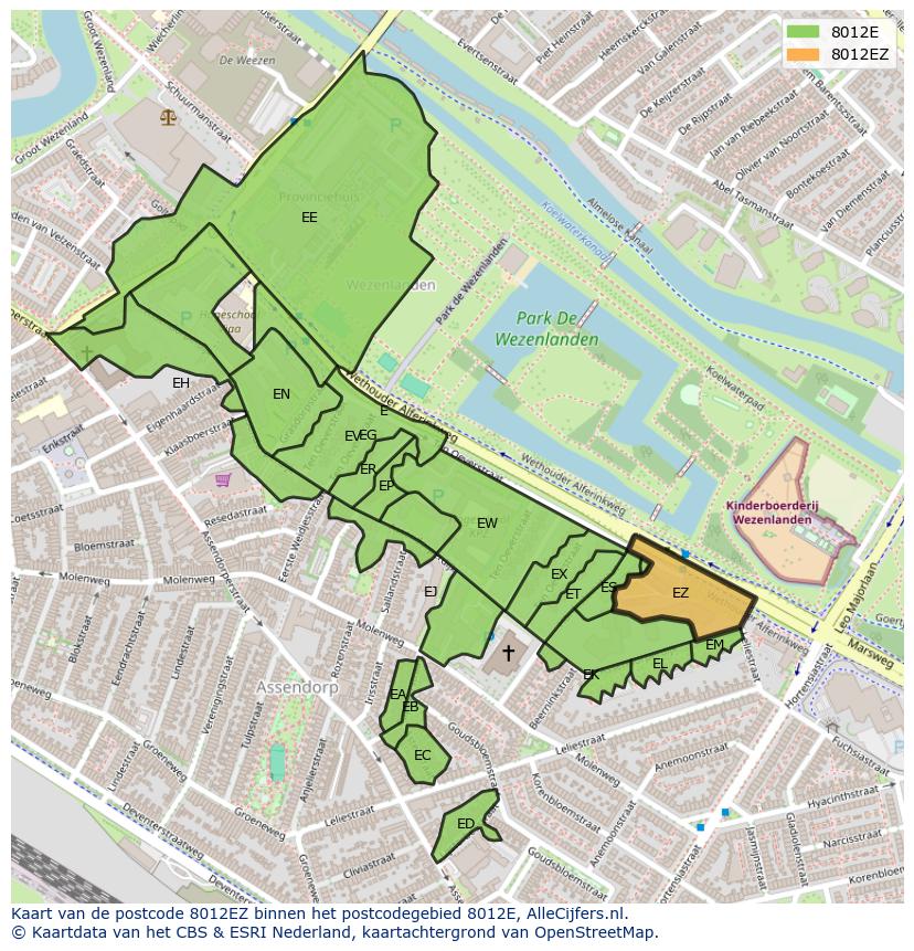 Afbeelding van het postcodegebied 8012 EZ op de kaart.