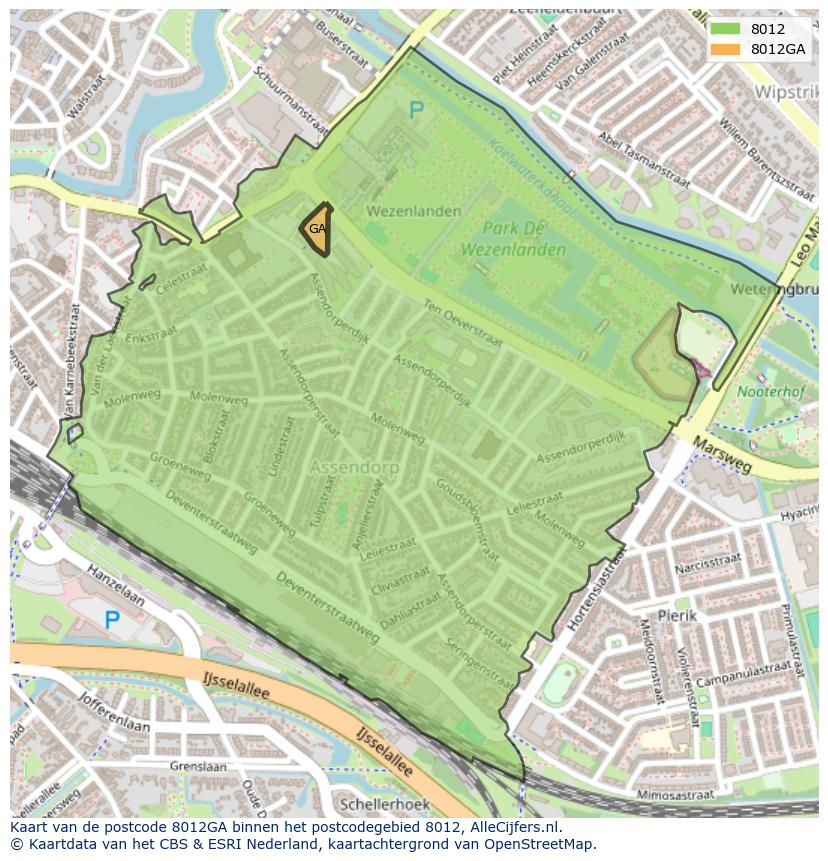 Afbeelding van het postcodegebied 8012 GA op de kaart.