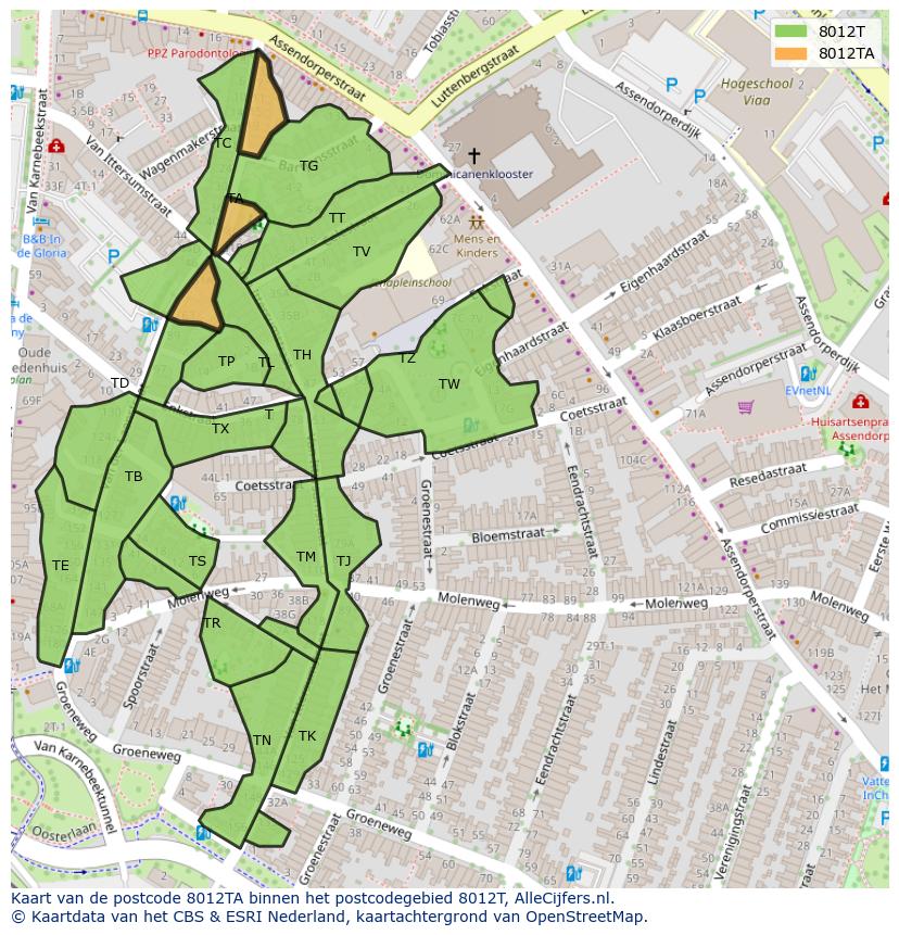 Afbeelding van het postcodegebied 8012 TA op de kaart.