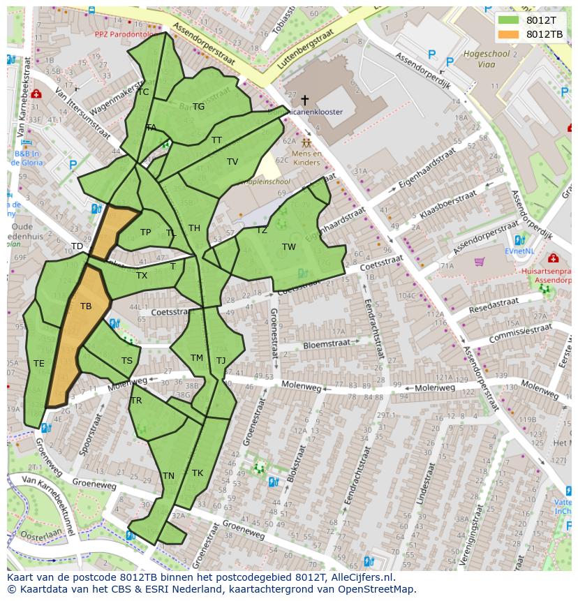 Afbeelding van het postcodegebied 8012 TB op de kaart.