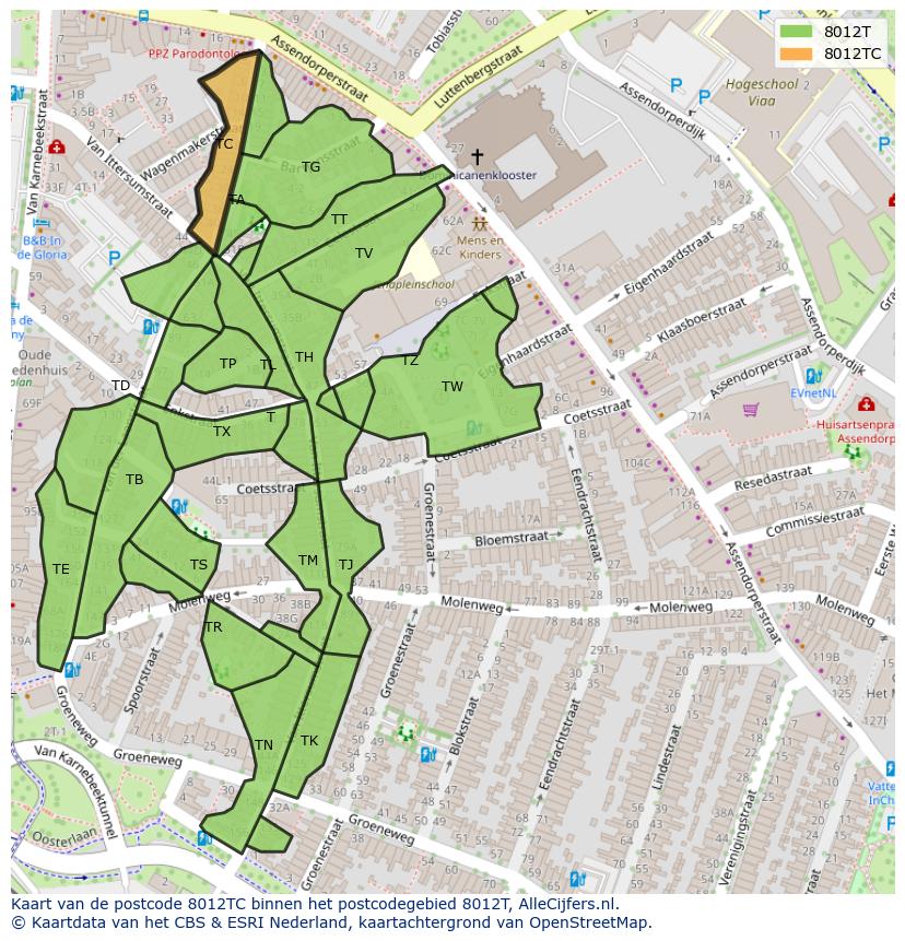 Afbeelding van het postcodegebied 8012 TC op de kaart.