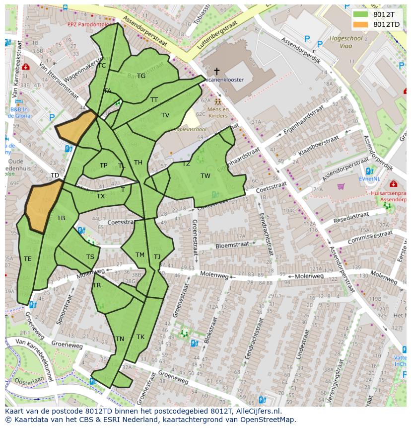 Afbeelding van het postcodegebied 8012 TD op de kaart.