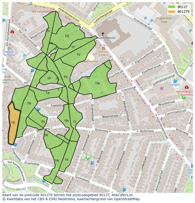 Afbeelding van het postcodegebied 8012 TE op de kaart.