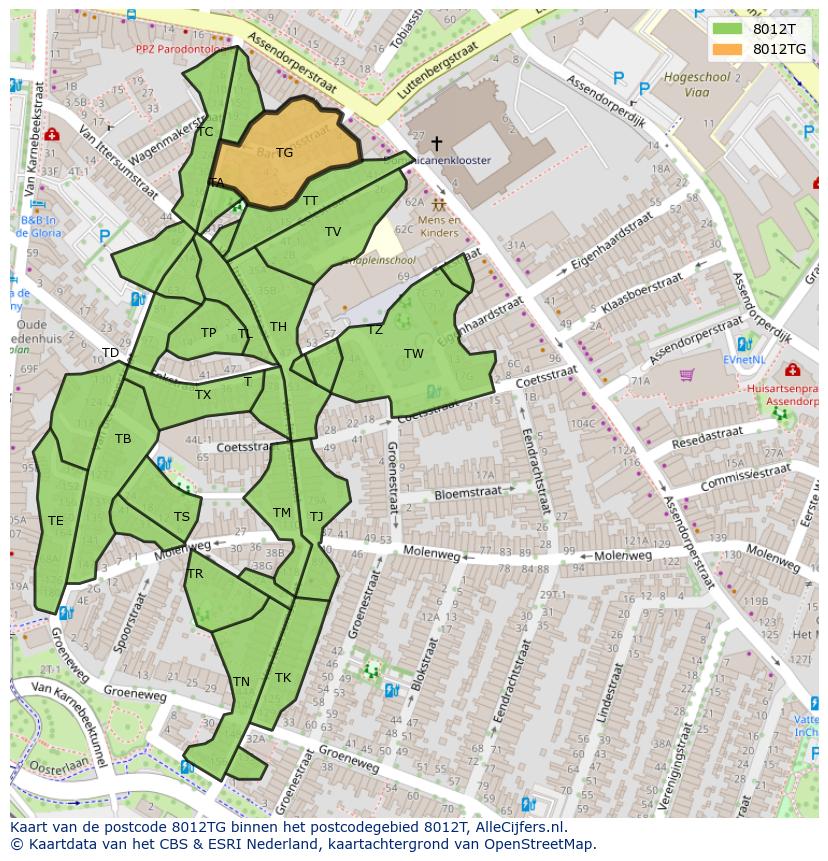 Afbeelding van het postcodegebied 8012 TG op de kaart.