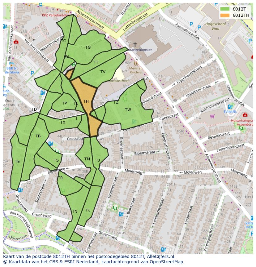 Afbeelding van het postcodegebied 8012 TH op de kaart.