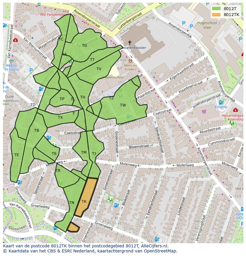 Afbeelding van het postcodegebied 8012 TK op de kaart.
