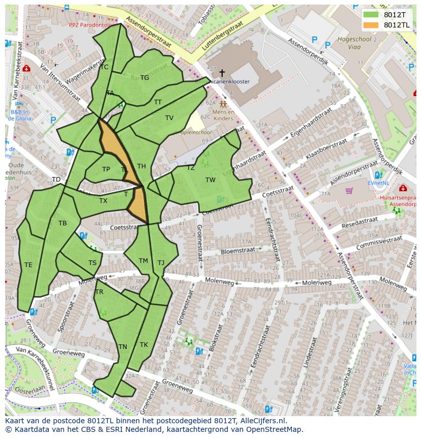 Afbeelding van het postcodegebied 8012 TL op de kaart.