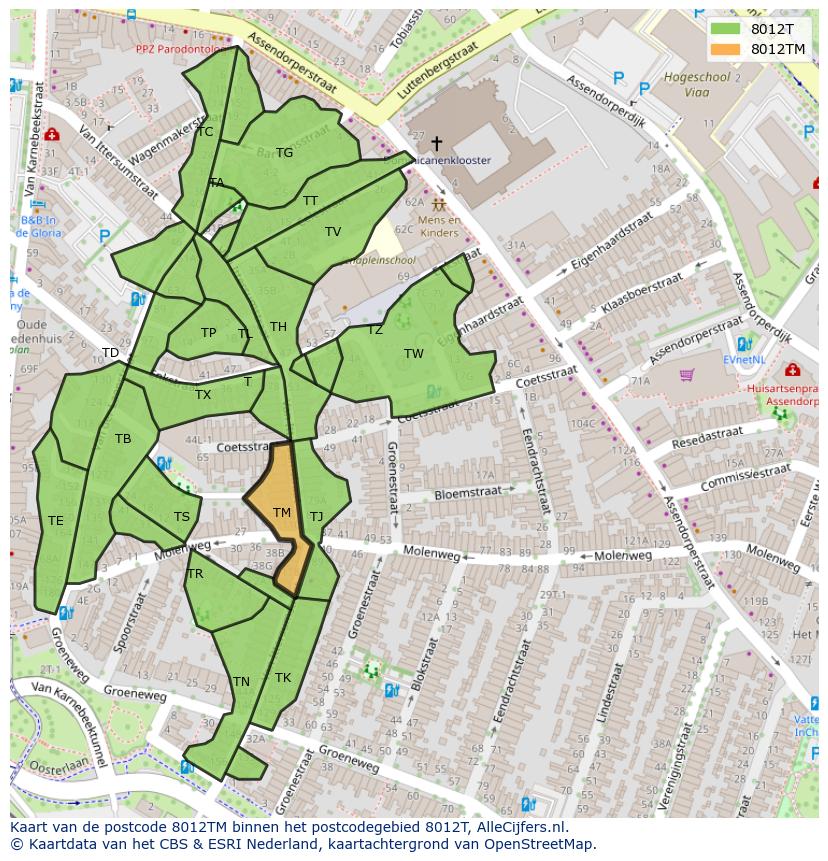 Afbeelding van het postcodegebied 8012 TM op de kaart.