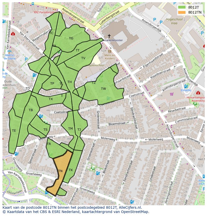 Afbeelding van het postcodegebied 8012 TN op de kaart.