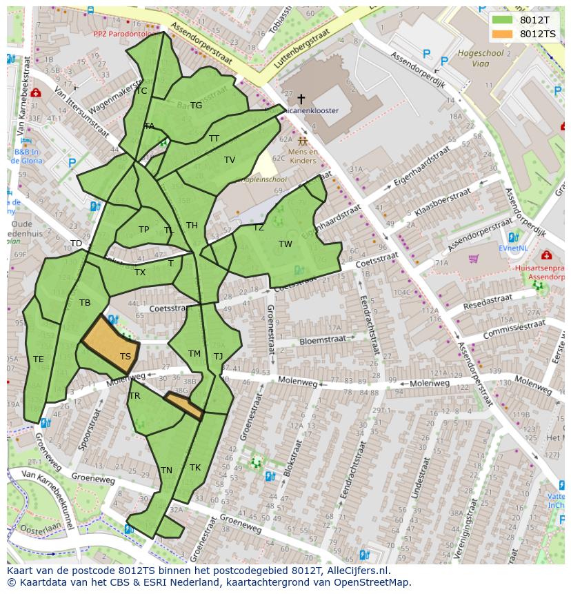 Afbeelding van het postcodegebied 8012 TS op de kaart.