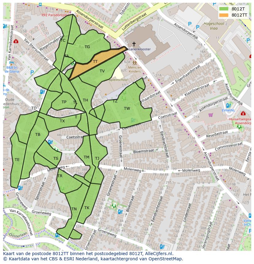 Afbeelding van het postcodegebied 8012 TT op de kaart.